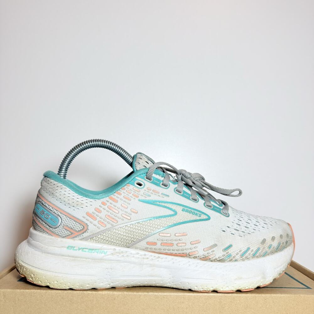Brooks Glycerin 20 Women Size 9 White Teal Running Shoes Max Cushion Sneakers
